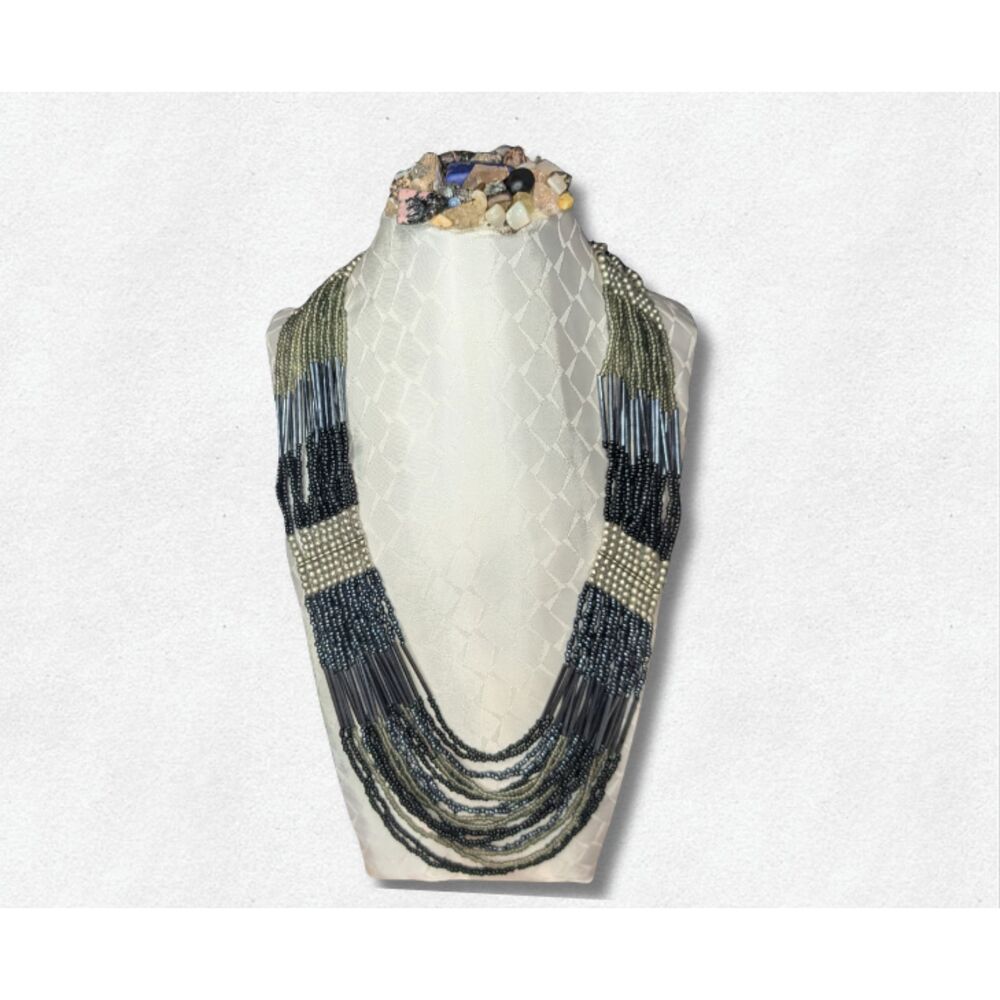 Multi-Strand Seed Bead Necklace Black Olive Silver Boho Fringe Bib 26" Earthy